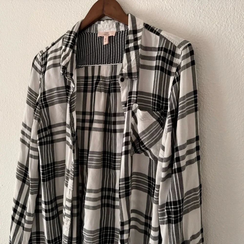 Como Vintage Plaid Flannel Button Down Shirt Black White Grungecore XL Cozy - Picture 5 of 14